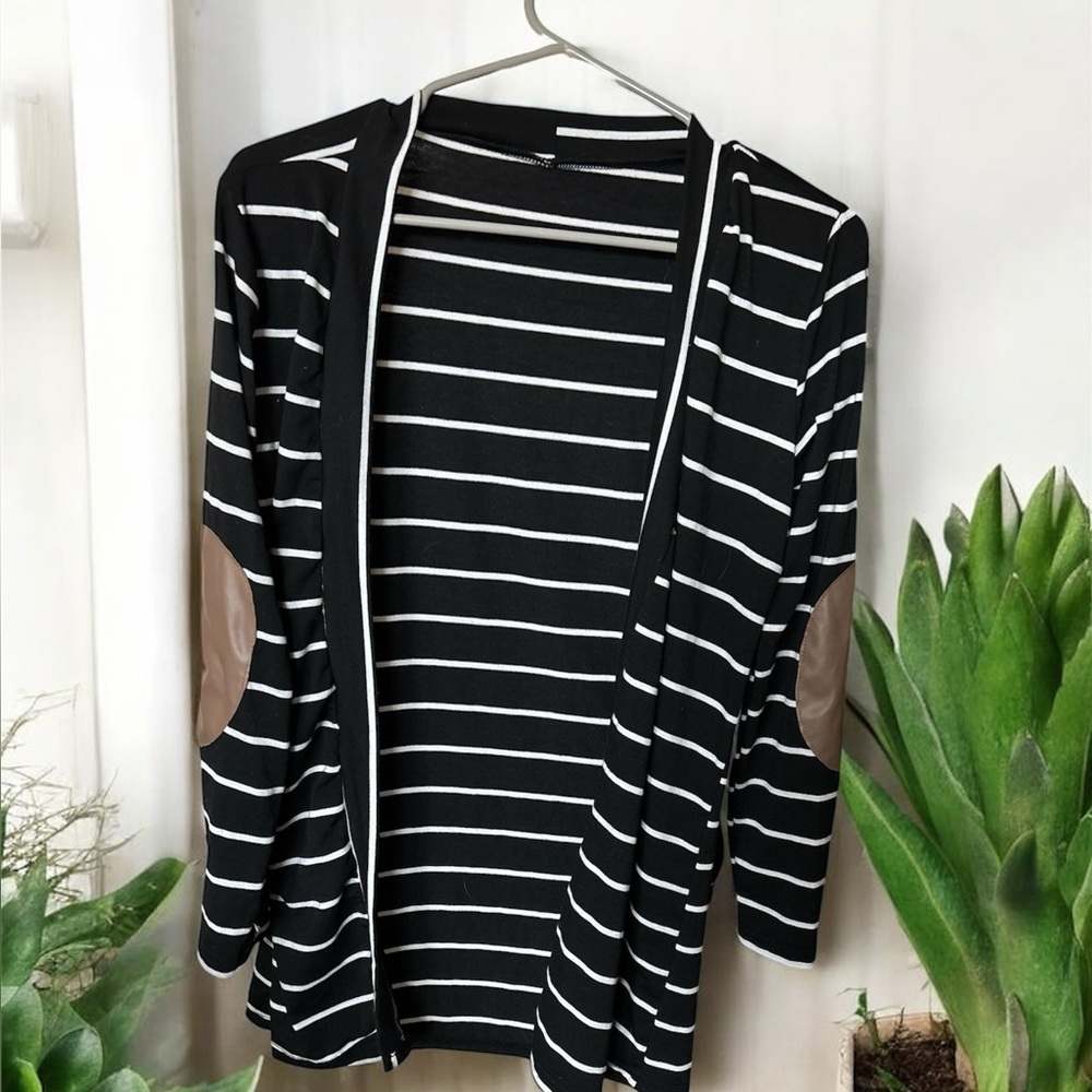 Striped Black and White Women's Sweater with Elbow Patches